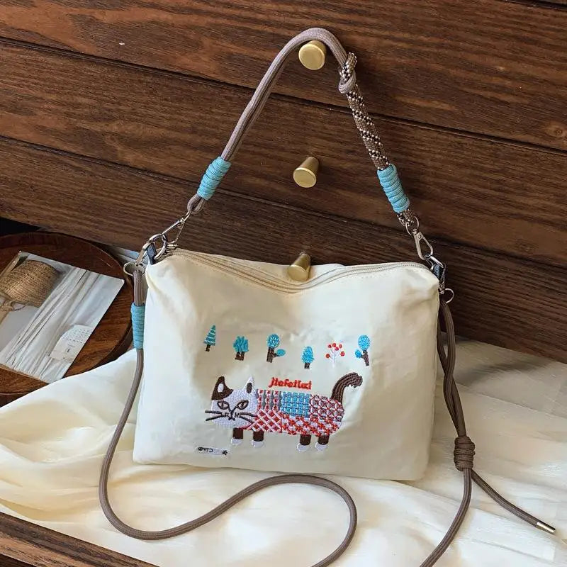 Ladies Tote Bag Lazy Ins Wind Japanese Embroidery Fashion Joker Large-capacity Durable Shoulder Bag Commuter Messenger Bag