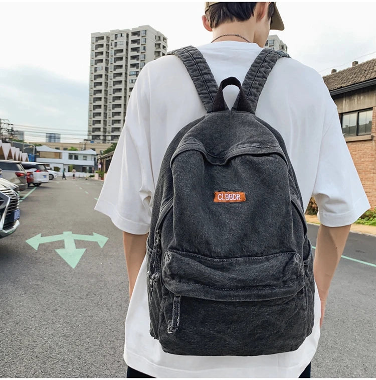 100% Cotton School Bags Solid Black Canvas Casual Backpacks Unisex Large Capacity Denim Satchels Soft Cloth Travel Packages