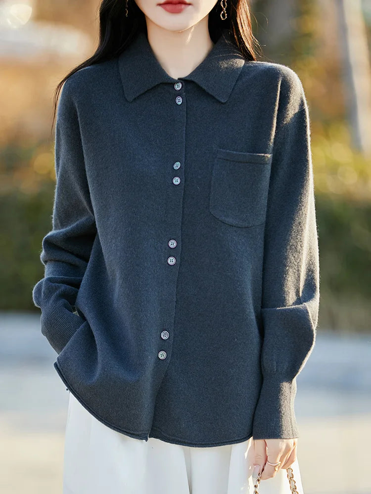 POLO Collar Wool Sweater 100 Pure Wool Spring And Autumn New Knitted Women Loose And Slimming Cardigan ZA682