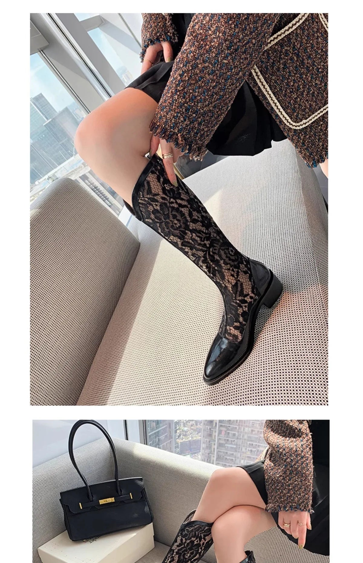 Woman Fashion Lace Flower Boots Thick Heel Pointed Toe Mid-calf Boots Female Footwear Summer Size 41 Breathable Botas De Mujer