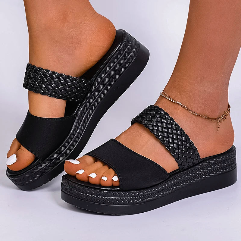 Women's Brown Woven Platform Sandals Non Slip Thick Sole Outdoor Slippers Woman Plus Size 43 Wedge Heels Summer Shoes Footwear