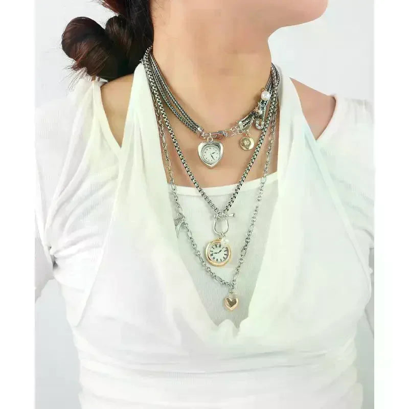 Necklace with Fashion Pin, Button Key, Heart Pendant for Women; Bohemian Multi-Strand Clavicle Chain Accessory