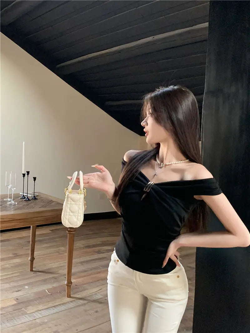 Summer Solid Color Sexy Off Shoulder Tops Lace Up Sleeveless T-Shirt Casual Slim  Top Black Short Sleeve Wome