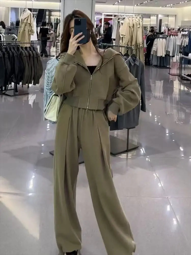 Pant Sets Two Pieces Hooded Hoodies Matching Sets Zipper Sweatshirts Long Sleeve Loose Drawstring Straight Pants Casual