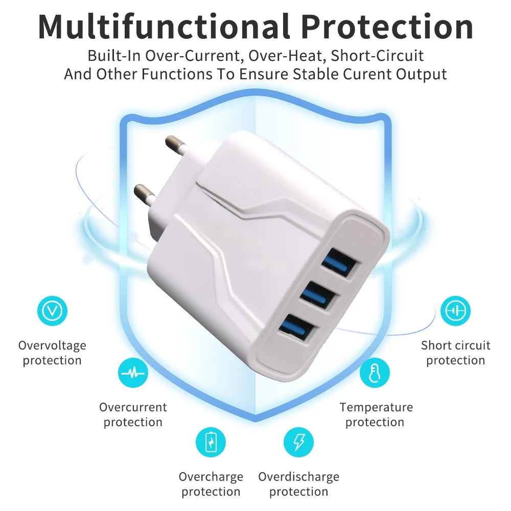 Travel Charger with 3 Ports Charger for iPhone for Galaxy 100-240V, EU Plug, USB Charger Adapter, Sleek Charger Design