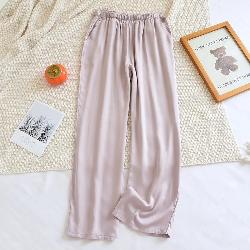 Thin Solid Color Summer Sleep Bottoms Ice Silk Satin Couple Sleeping Pants Loose Mosquito Proof Pants for Women and Men