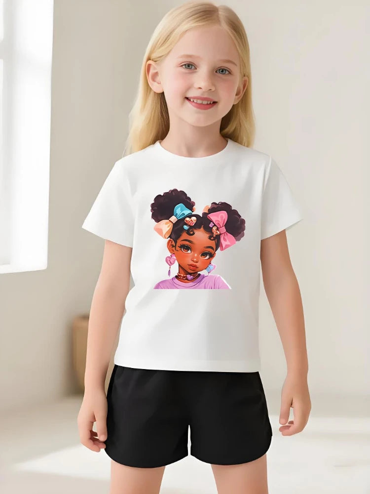 Summer Girls Casual T Shirts Fashion Printed Children's Short Sleeve Tops Kids Breathable Comfy Outdoor Tee Black Pink White