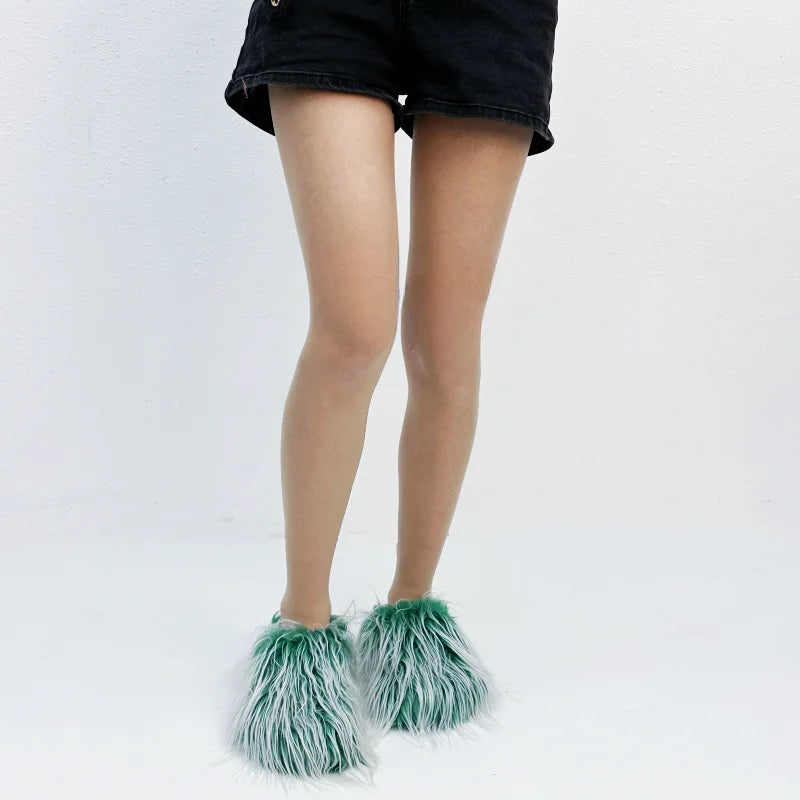 2025 Summer Brand New Fashion Leisure Round Toe Horse Hair Slippers for Women Elegant Flat Platform Slip-on Big Size Shoes 42 43