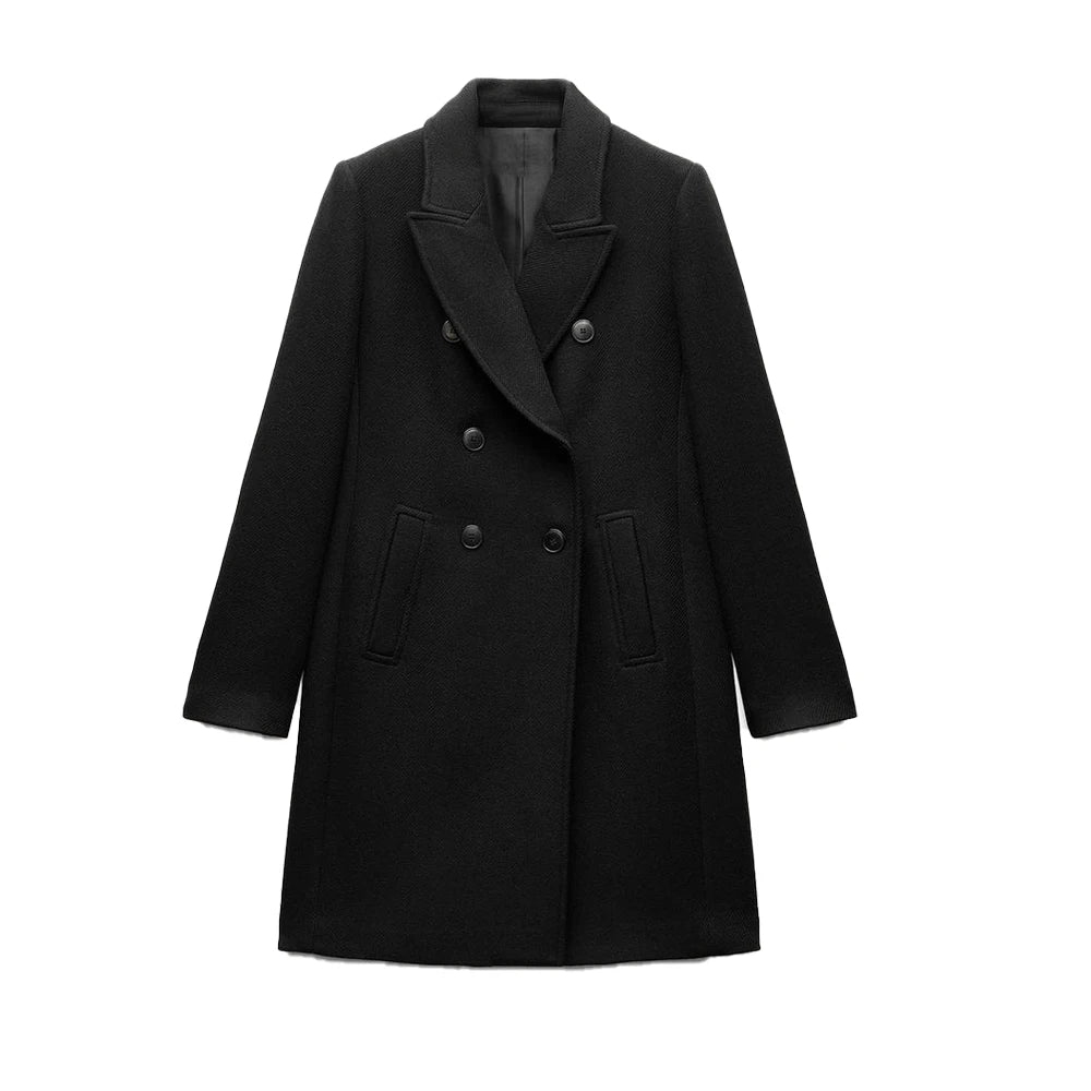 women's suit collar double breasted woolen medium long coat winter new fashion solid color long sleeved coat