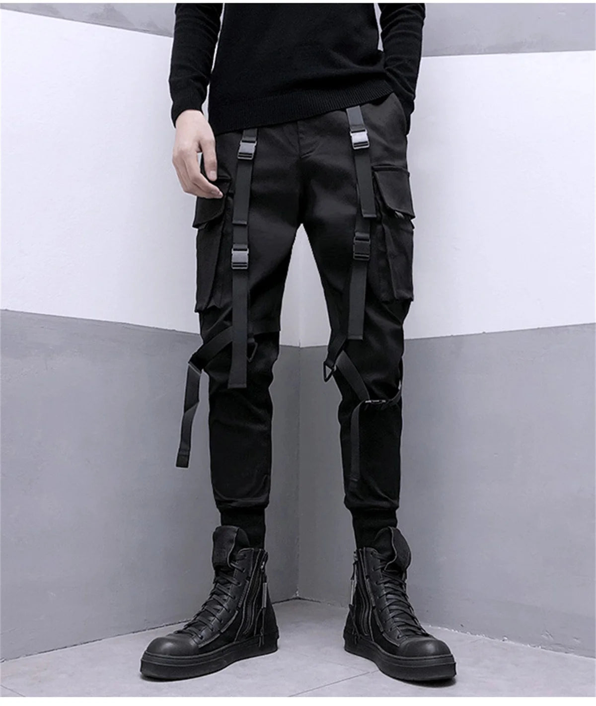 Black Cargo Pants Hip Hop Joggers Men Loose Harem Pants Multi-pocket Ribbon Men's Pants Trousers Streetwear Sport Pants for Men