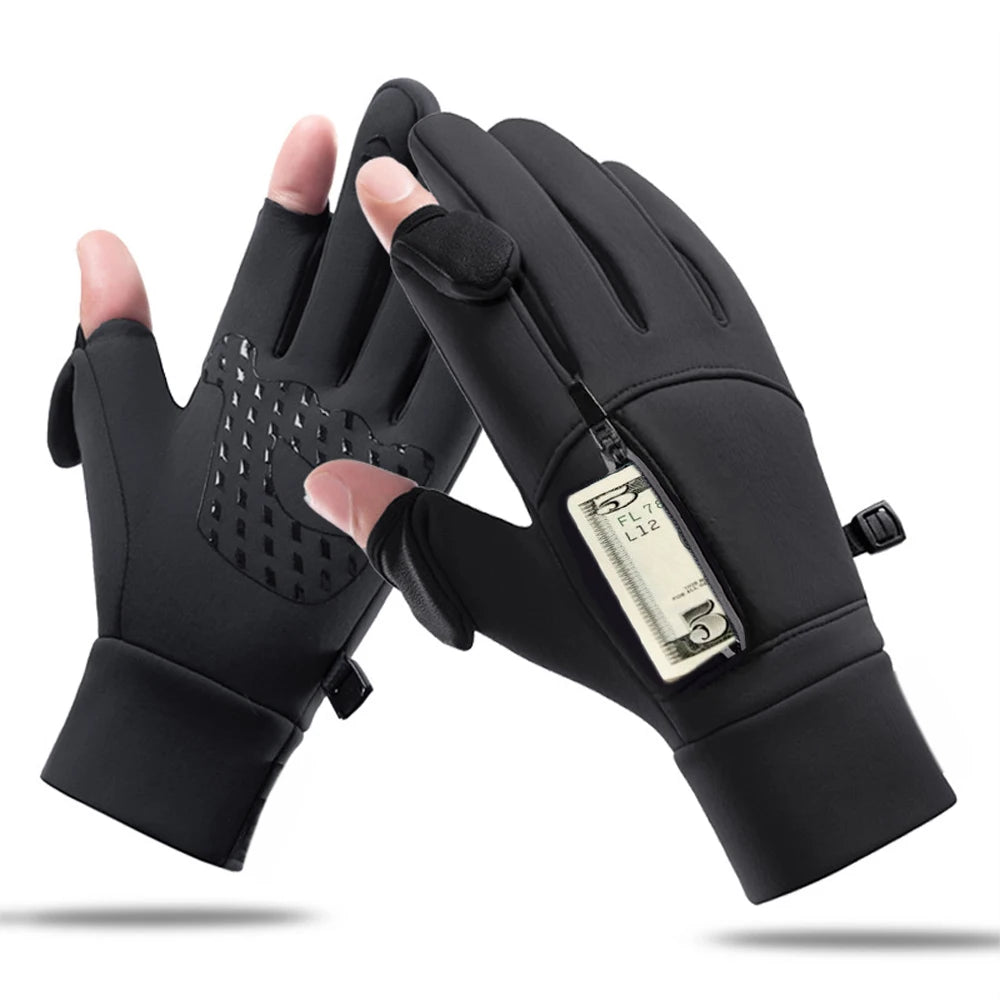 Winter Warm Gloves Flip Over Expose Two Fingers Gloves Windproof Touch Screen Gloves Cycling Ski Fishing Gloves