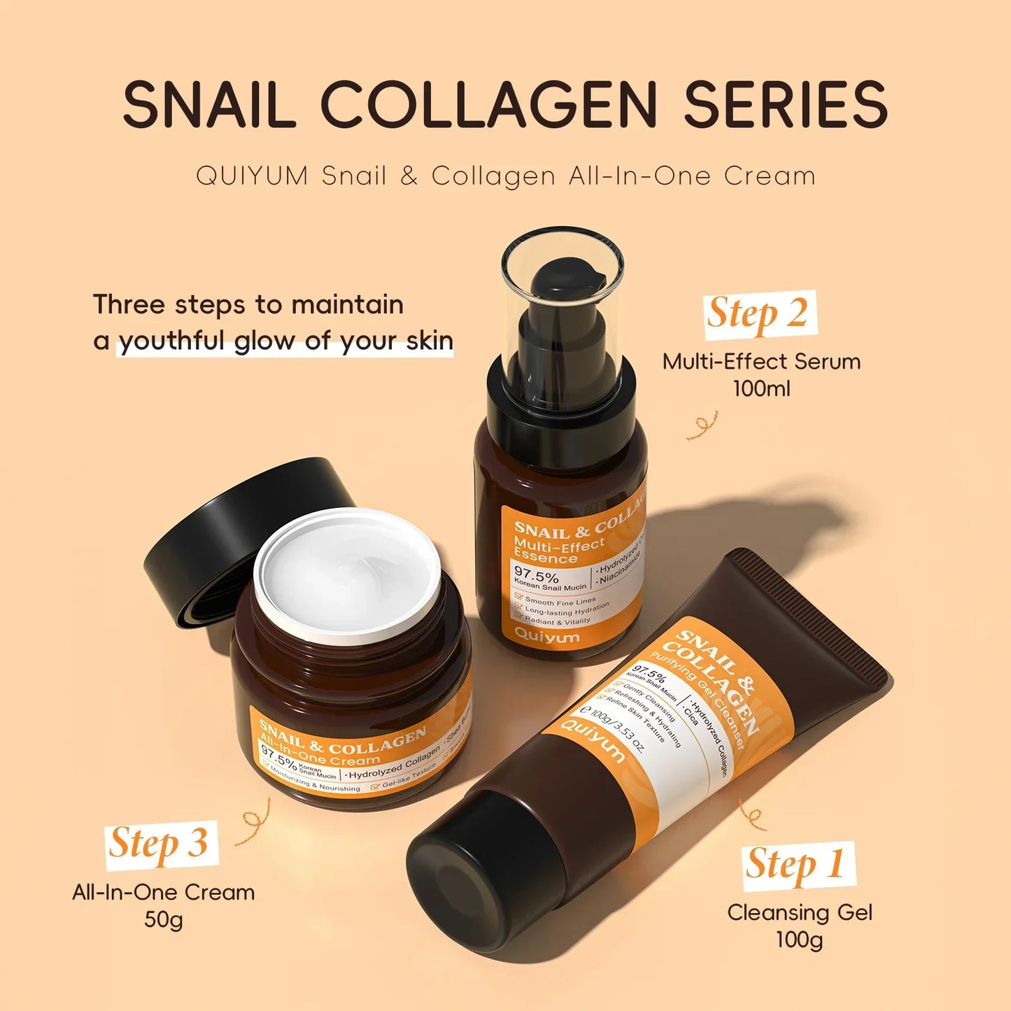 Quiyum 3 Step Set 97.5% Snail Mucin Collagen Hydrating Glowing Skin Korean Skincare