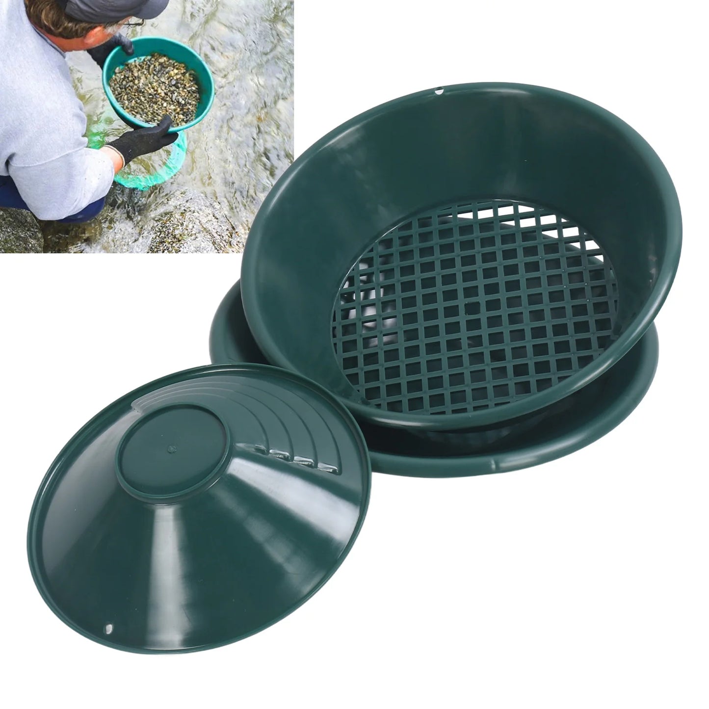 Gold Panning Pan ABS Plastic 90 Degree Rifling Design Round Gold Pan Kit Lightweight Green for Mineral Extraction