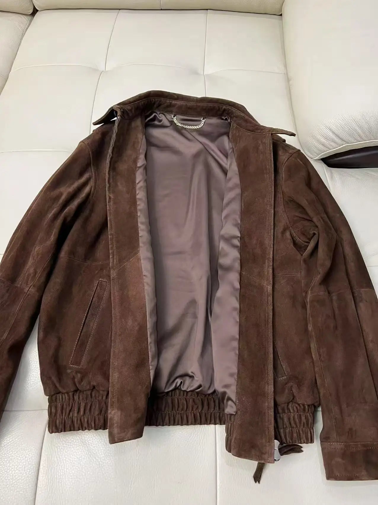 Brown Suede Jacket Spring Women Sheepskin Vintage Old Money Style Wide Shoulder Casual Baseball Leather Coat Giacca Pelle Donna