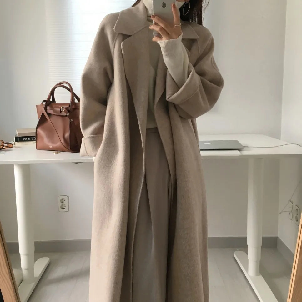 Elegant Woolen Coat Women's 2025 Autumn Winter Mid Length Adjustable Waist Thick Casual Long Sleeve Fashion Wool Coats Female