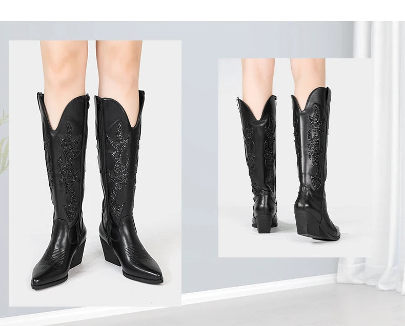 Shoes for Women New Embroidered Western Cowboy Boots Women Autumn Pointed Toe Thick Heel High Knee Boots