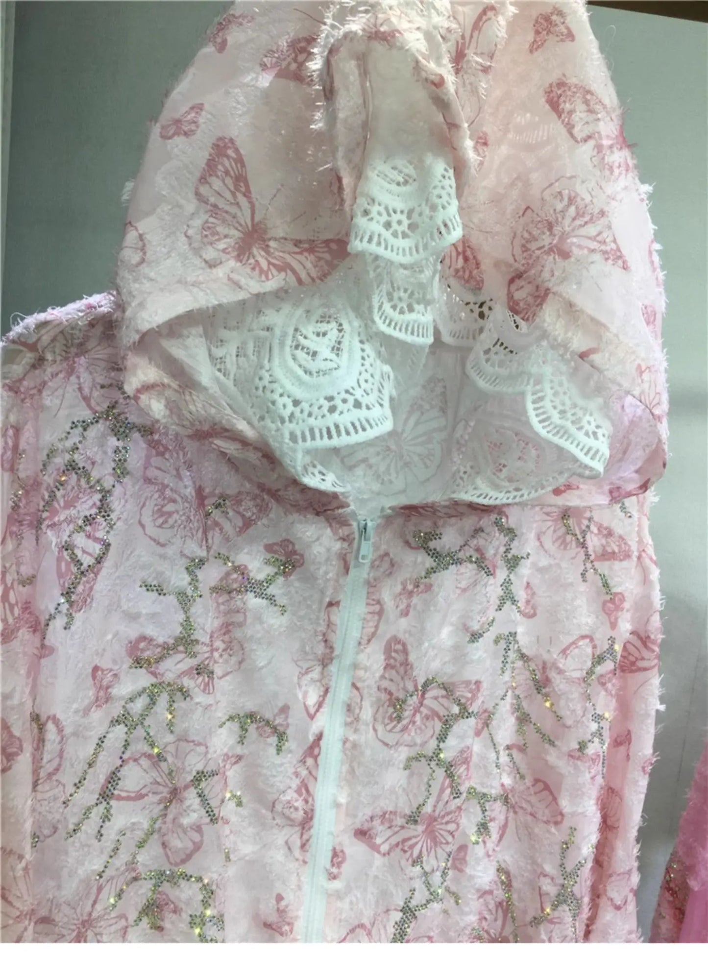 Women Hot Drilling Diamonds Beaded Sunscreen Hoodies Shirts Coat Strawberry Butterfly Lace Spliced Blouses Zipper Cardigan Tops