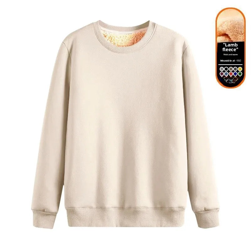 Men's Fleece Lined round Neck Sweatshirt Loose Long Sleeve T-Shirt Thickened Lamb Velvet Warm Winter Base Layer Shirt