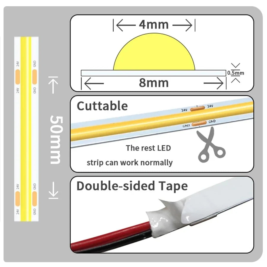 COB LED Strip Lights 12V 24V 10M 5M 3M 2M 1M 320LEDs/M High Density Flexible LED Tape 2700K 4500K 6000K Kitchen Room Decor 8mm