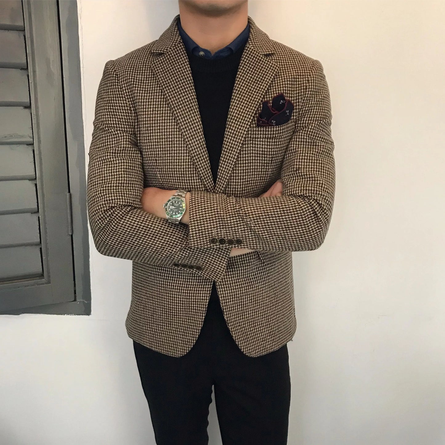 Spring and Autumn Wool Suit Men's Jacket Houndstooth Suit Large Size Retro Slim Business Thickened Casual Suit