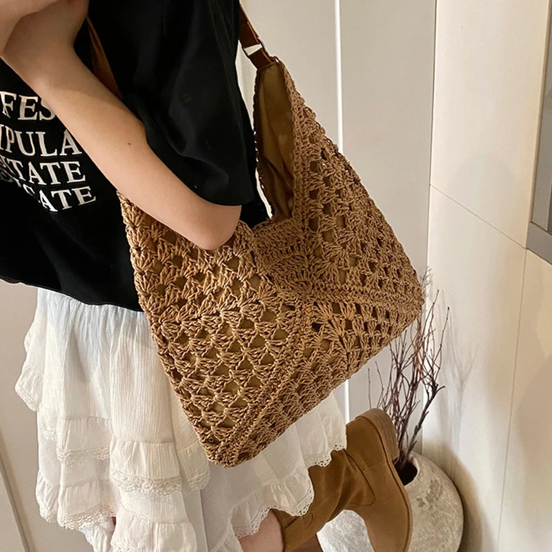 Women Weaving Clutches Top-handle Bag Large  Portable Shoulder Bag Summer Beach Purses Shopper Satchel Female Tote Bags