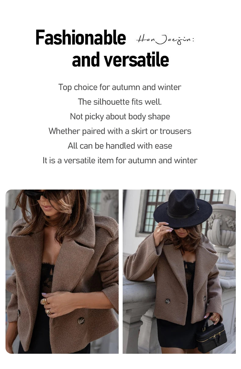 Winter Fashion British Style Pure Suit Collar Solid Color Woolen Fabric Small Coat  Casual Elegant Jacket Women'S Clothing