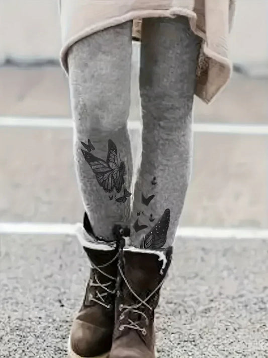 Women's Plus Size Casual Butterfly Printed Tight Leggings Spring and Autumn High Waisted Bottoms for Women's Long Pants