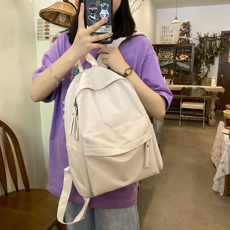 Simple Solid Color Backpack Women 2022 Waterproof Nylon School Bags For Teenager Girls Bookbag Lady Travel Backbag Shoulder Bag