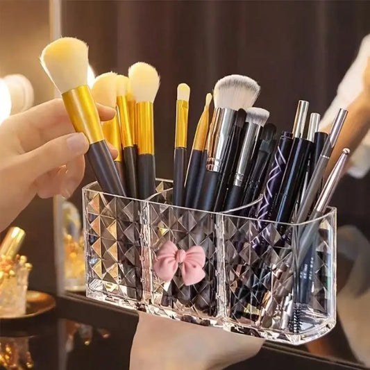 1pc Cute Makeup Brush Storage Box with Multiple Compartments and Bow Decoration
