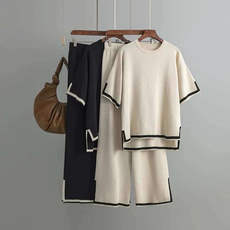 Pants Set Women Two Piece Sets Short Sleeve Spring Knit Tops Loose Casual Wide Leg Long Pants High Waist Y2k Streetwear Spring