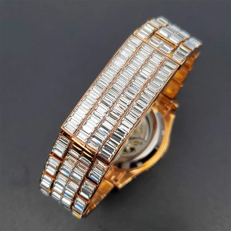 Automatic Watch For Men Diamond Luxury Hip Hop Street Style Luminous Men Mechaincal Watches With Baguette Zircon Bracelet Clock
