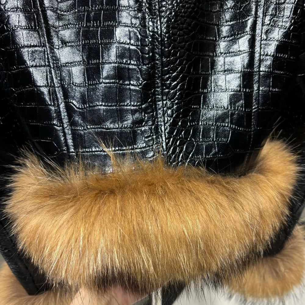 Natural Raccoon Fur Collar Real Leather Jacket Women 2025 Autumn Black Crocodile Textured Leather Jacket Ladies Streetwear