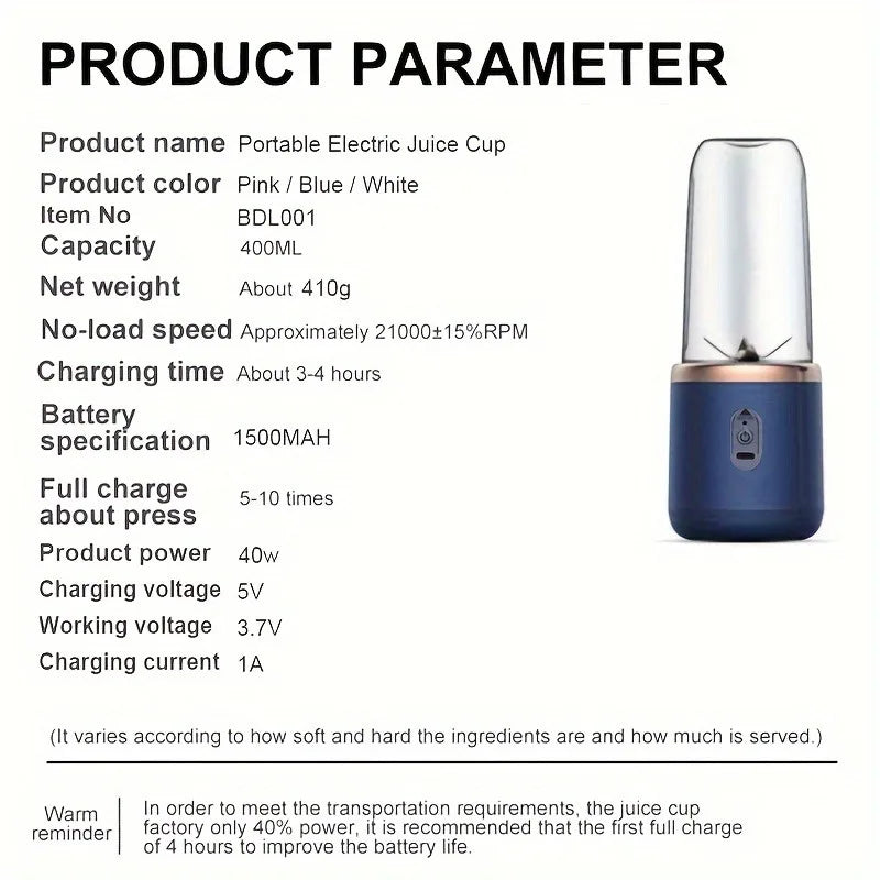 400ml USB Portable Blender, 1500mAh Rechargeable Smoothie Maker with 6 Stainless Steel Blades, Mini Juice Shaker Bottle for Home
