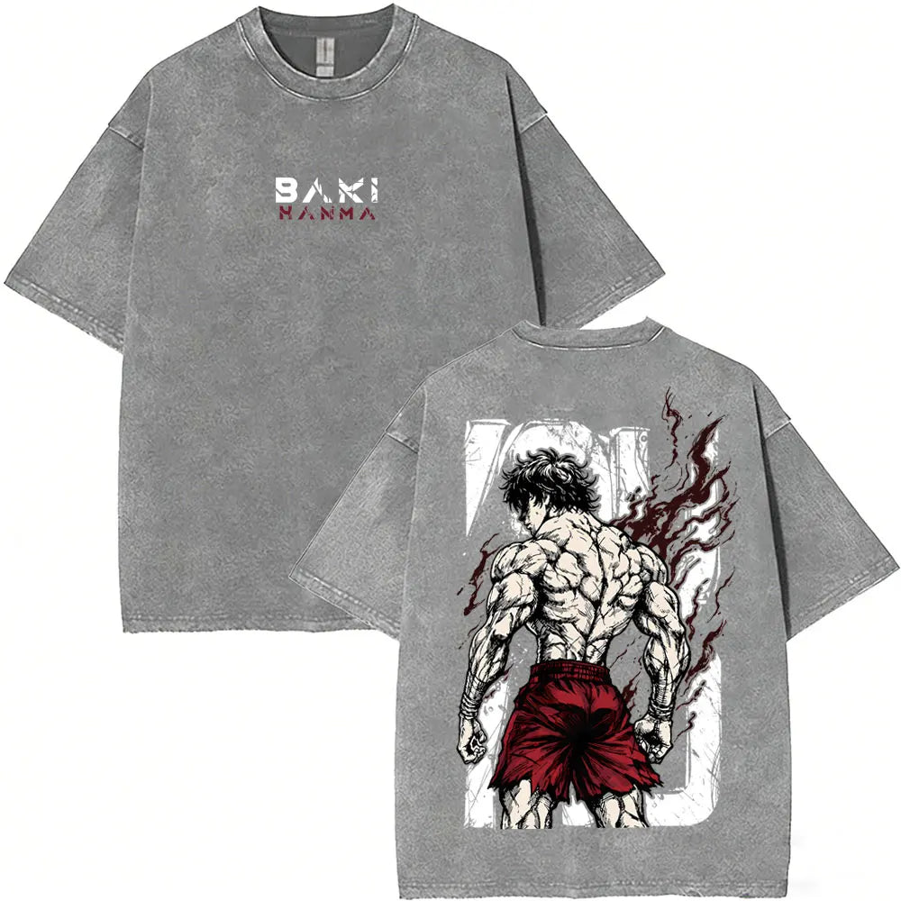 Washed Vintage Anime Baki Hanma Wake Up T-shirt Men Women Retro Manga Oversized T-shirts Men's Casual Cotton T Shirts Streetwear
