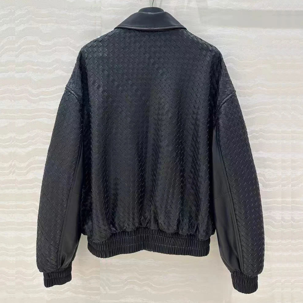 High-fashion Women Clothing 2025 New In Hand Knitting 100 % Leather Jacket Feminina Streetwear Burgundy Dropped Shoulder Coat