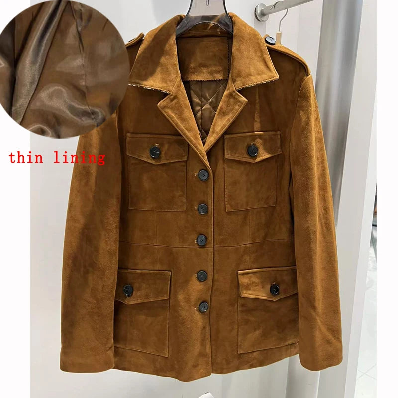 Luxury High-end Kid Suede Leather Jacket for Women Winter Pockets Slimming Coat Filled With Mulberry Silk Deep Coffee Warm Veste