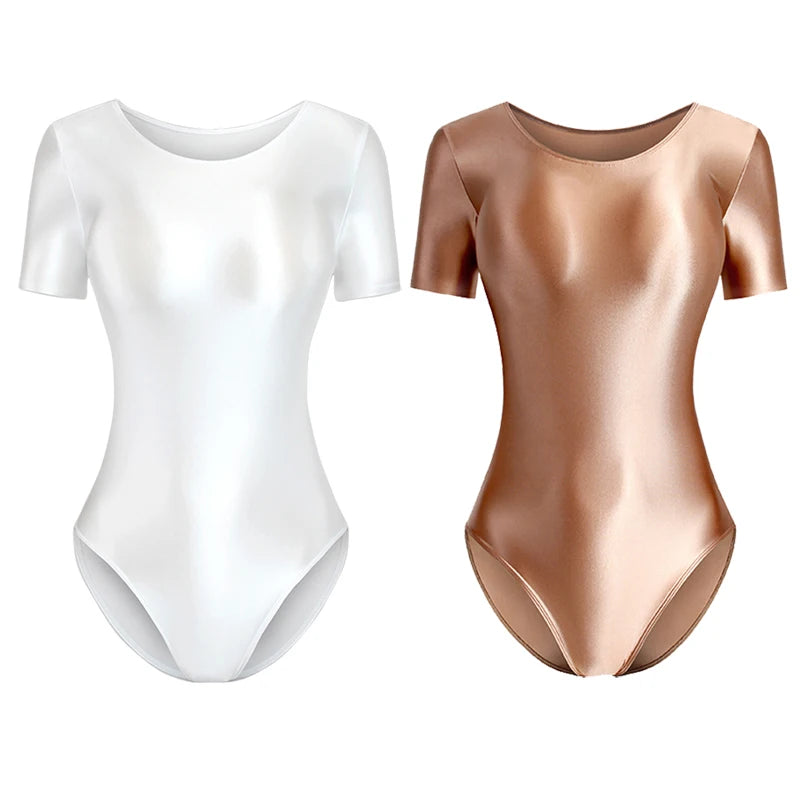 Japanese Men's Bathing Suits Women's Sexy Silky Glossy One-piece Swimsuit Shiny Short Sleeve Bodysuit, Oily Tights Shapewear