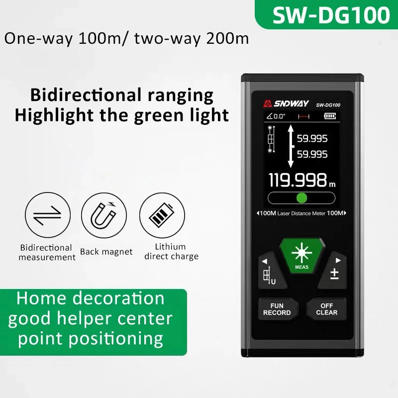 SW-DR/DG Series 2 Way Laser Measure Meter Rangefinder Red/Green Laser Distance Meter 60M/100M Digital Rechargeable Range Finder