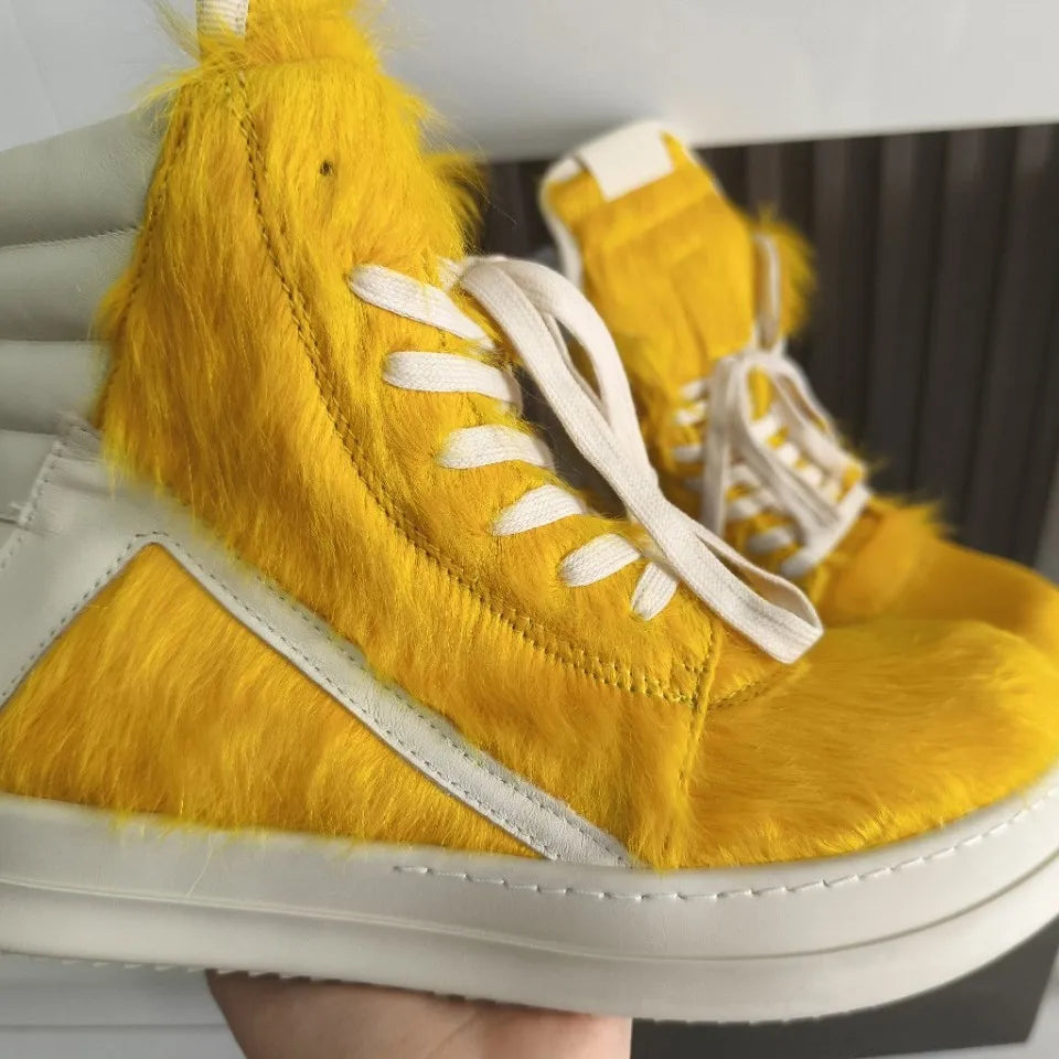 Men's Horsehair Shoes Casual Platform Women High Top Sneakers Leather Luxury Trainers Lace Up Zip Designer Male Boots