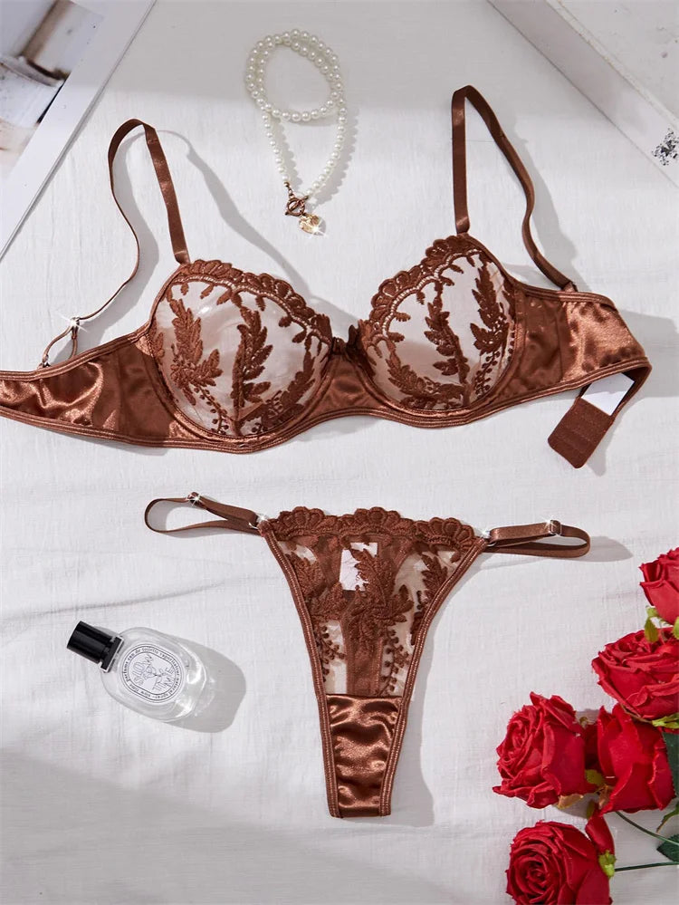 Sexy Lingerie for Women Mesh Embroidery Lingerie Set Three-Point Transparent Underwear Fantasy Female Intimate Erotic Lingerie