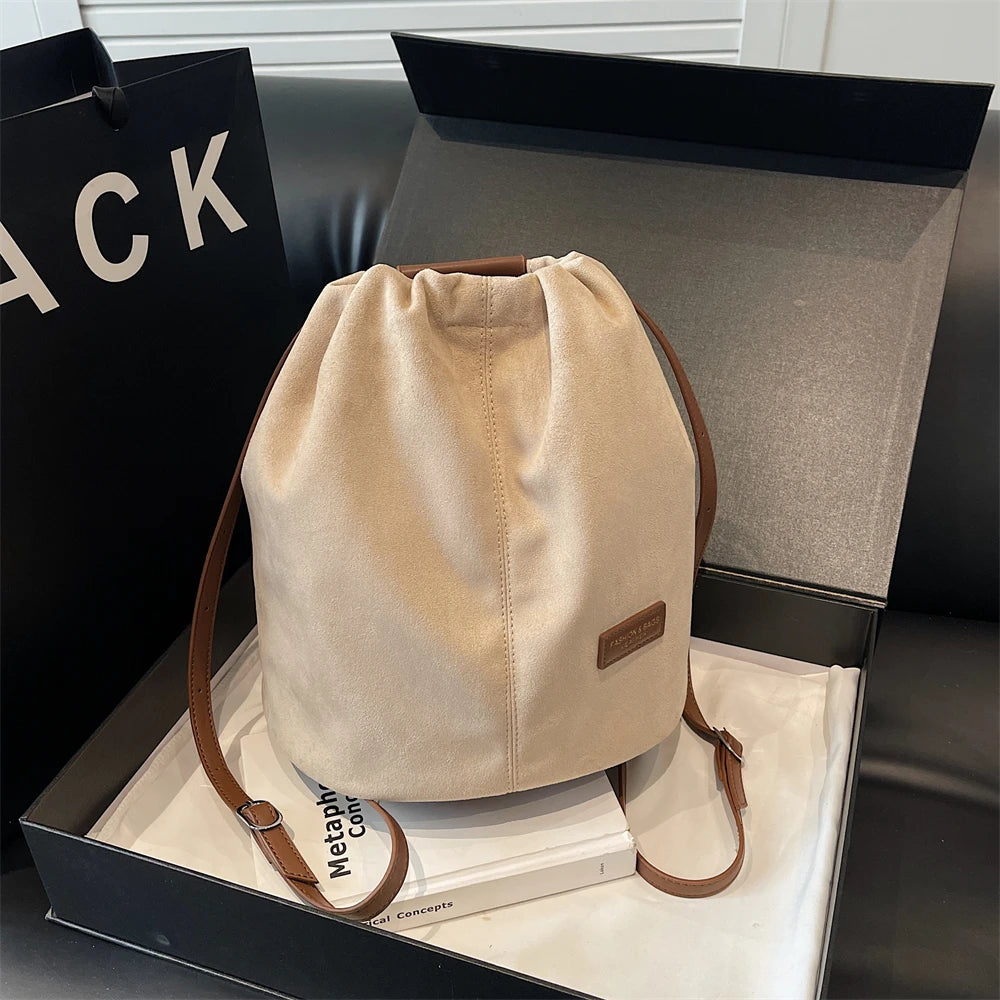 2024 Latest Women Fashion Backpacks Drawstring Bucket Shoulder Bags Soft Suede Large Capacity Rucksack For Travelling Shopping