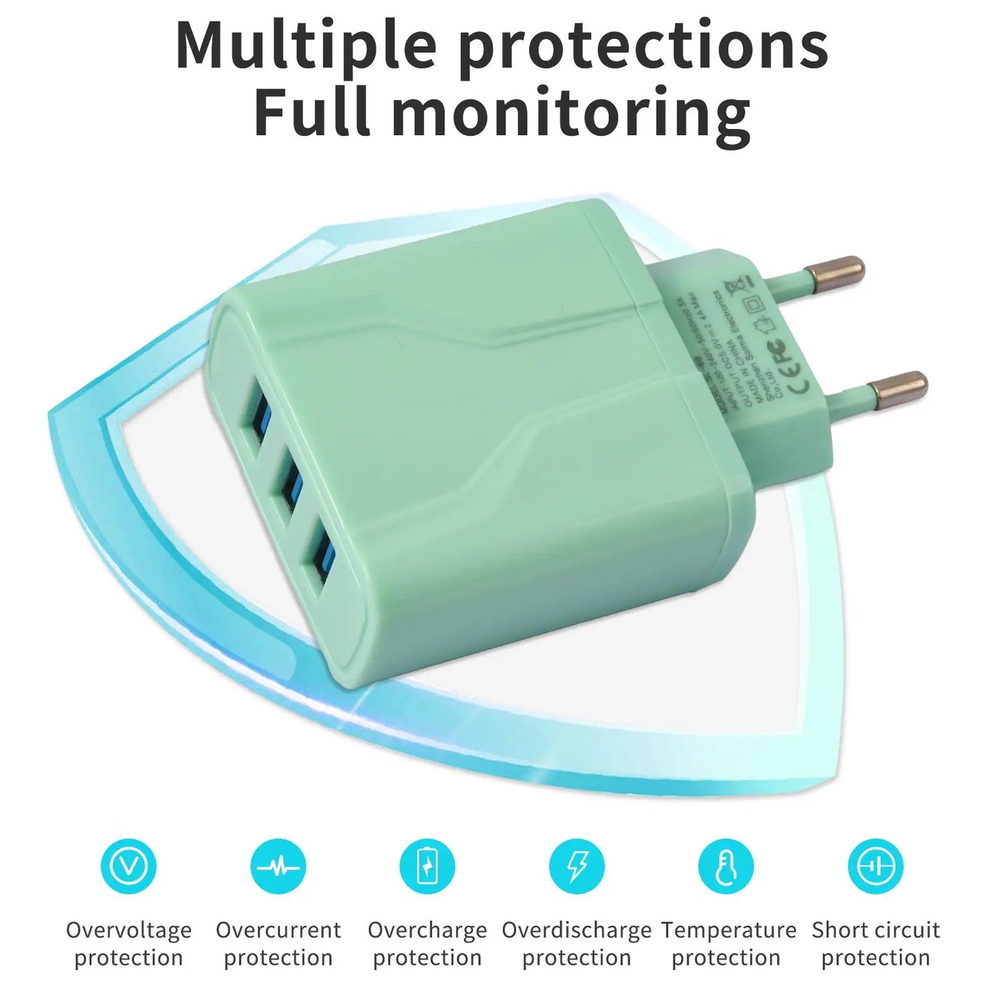 Travel Charger with 3 Ports Charger for iPhone for Galaxy 100-240V, EU Plug, USB Charger Adapter, Sleek Charger Design