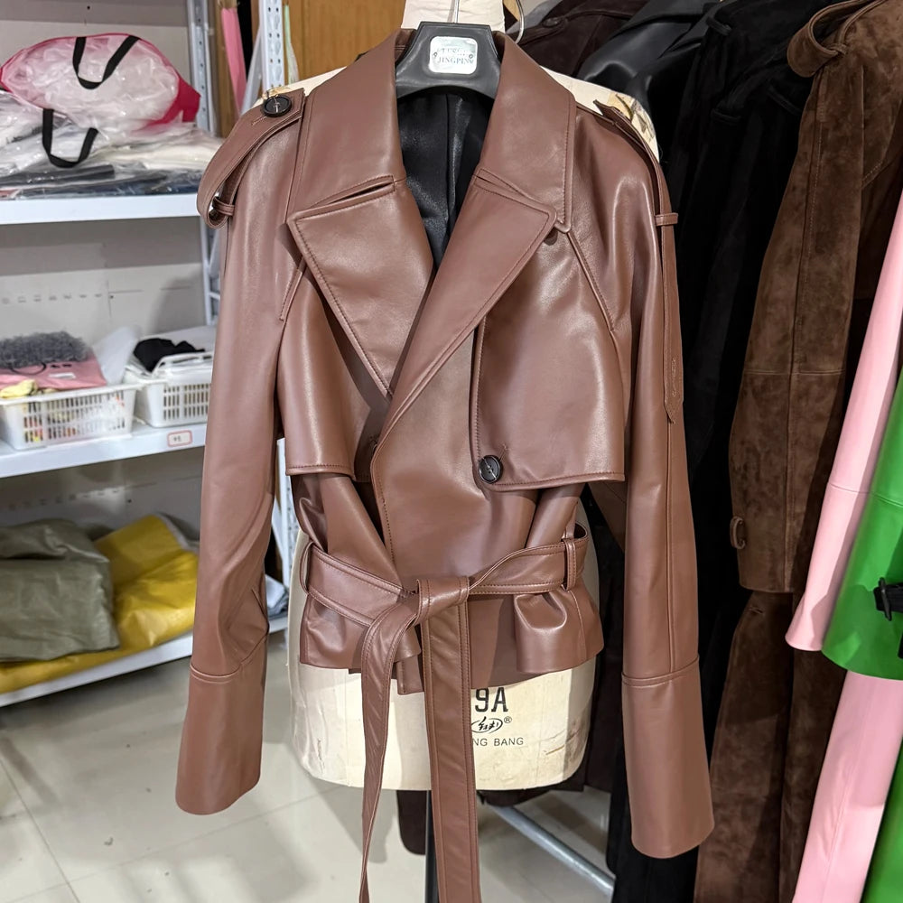 Women Casul Leather Jackets Short Windbreak Design Genuine Grained Sheep Leather Coats Lady