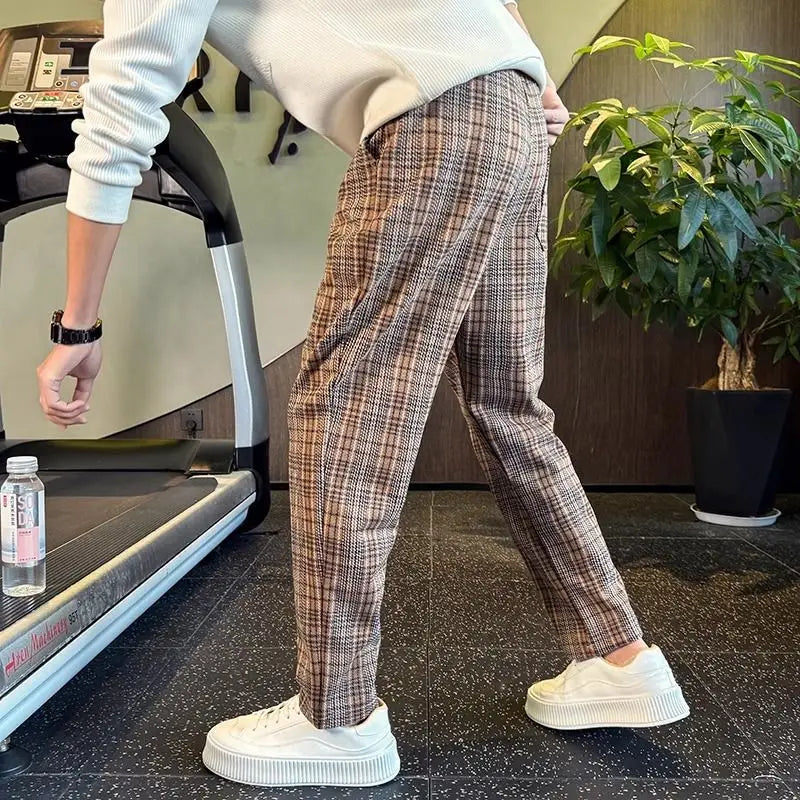 Men's Premium Stylish Color-Block Checked Straight-Leg Pants Plaid Casual Fashion Trousers Autumn Winter Pockets Male Clothes
