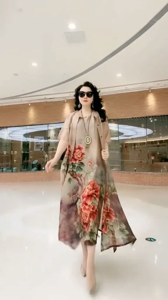 Authentic Silk Dress for Mother, Silkworm Loose Dress, High-End Print, 2-Piece Dress, Women's Dresses, Spring, Summer, New, 2023