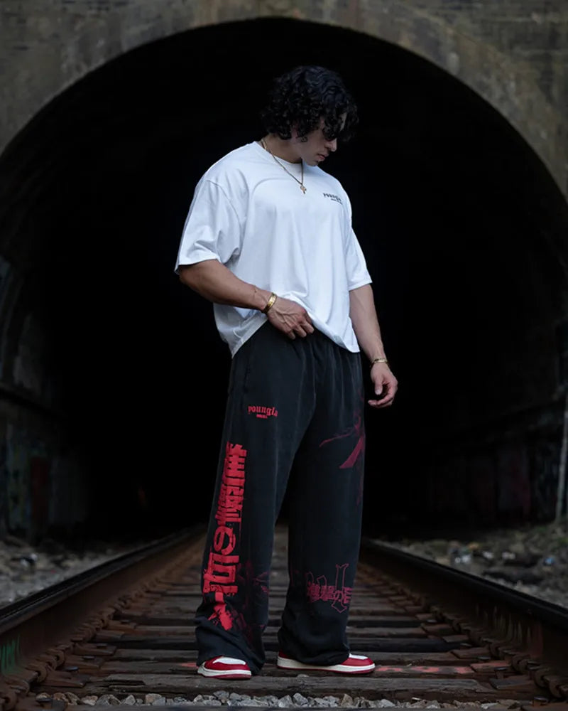 new 2026 American sports pants gym fitness running training pants cotton wool print wide leg pants