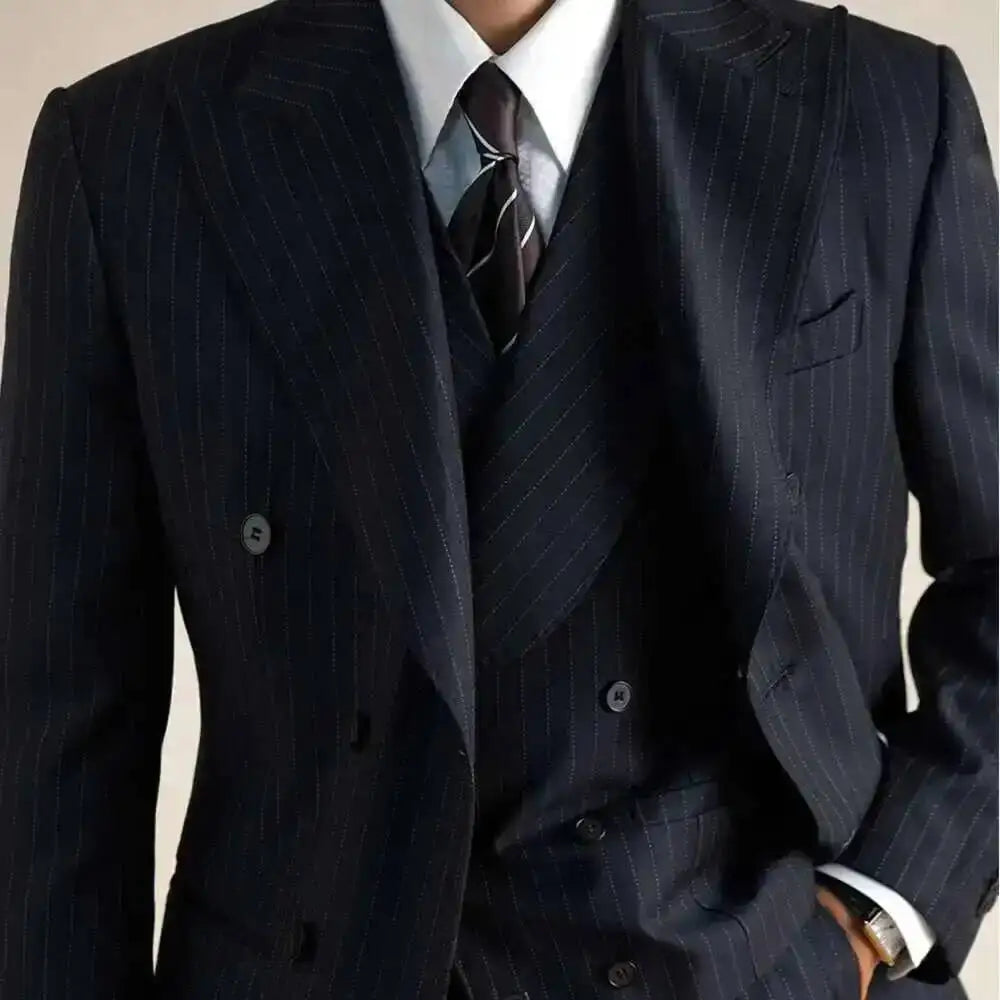 Wool Italian Blazers Suit For Men Business Double Breasted Wedding Tuxedo Suit Smoking Homme Mariage Striped Suit 3 Piece Homme