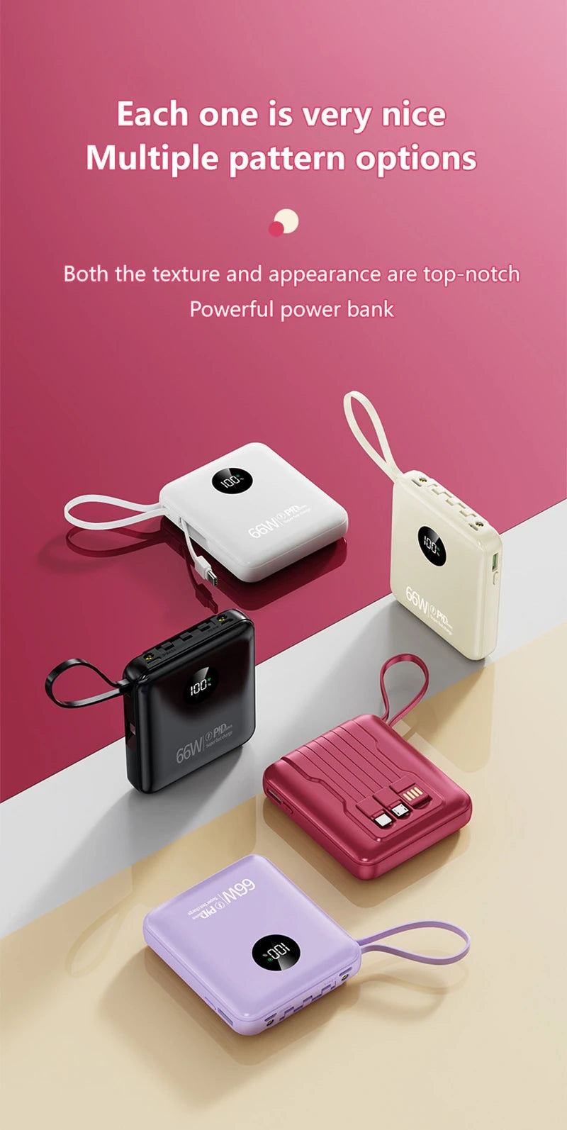 50000mAh PowerBank 66W Super Fast Charging with Cable Large Capacity Compact Portable Mini Shared Four Wire Mobile Power Bank
