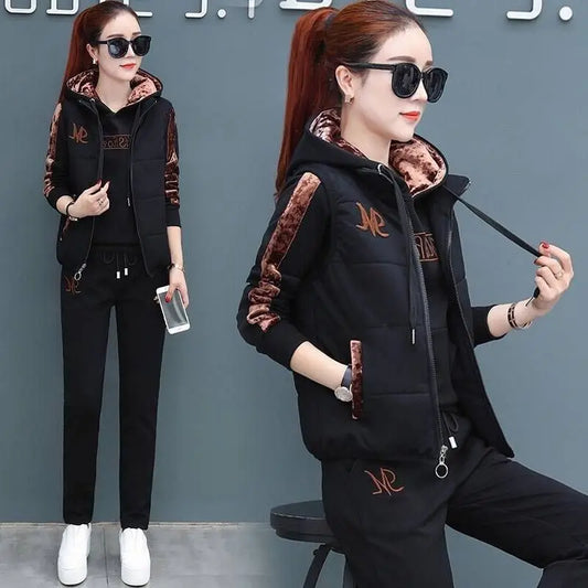 Women's Casual Sweat Suit 2025 Autumn Winter New Fashion Plush Thickened Hooded Tops Waistcoat Pants 3 Three Piece Set For Women