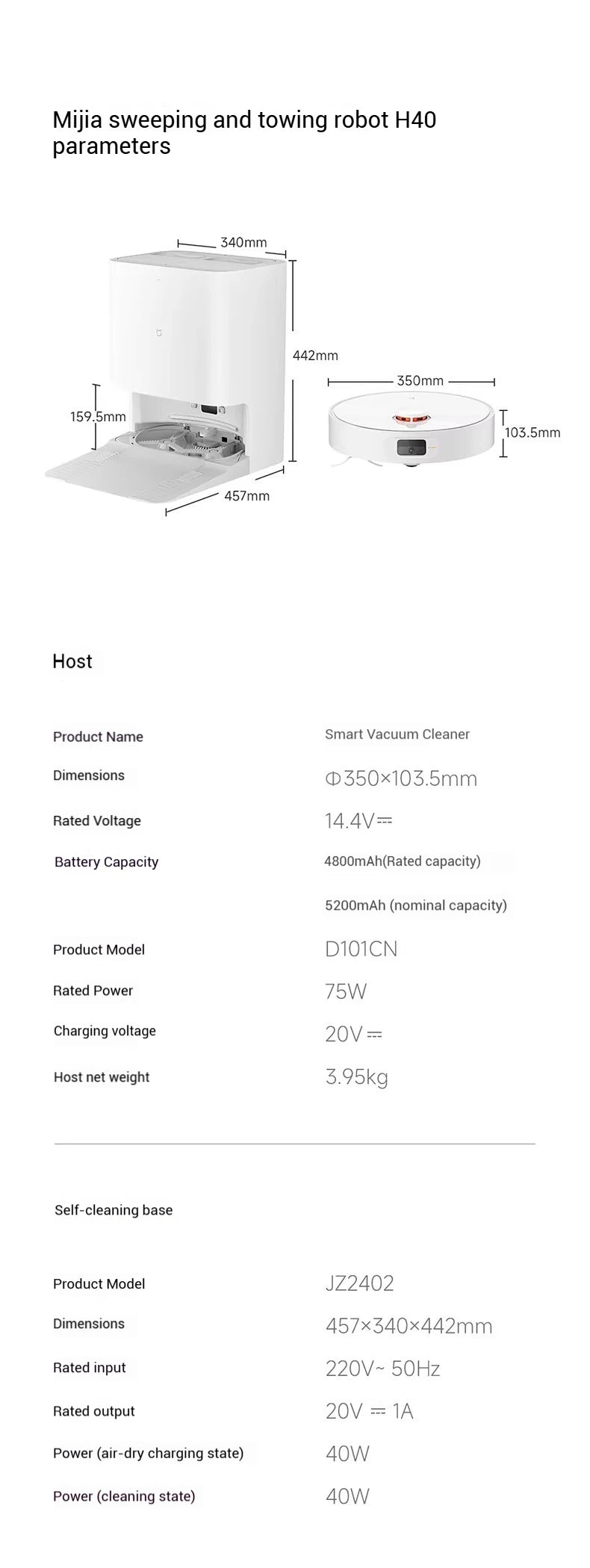 【Xiaomi】 Robot Vacuum H40, 10,000 Pa Powerful Aspiration, Ultra-Accurate Cleaning with Navigation LDS, 2-in-1: Vacuum and Wash